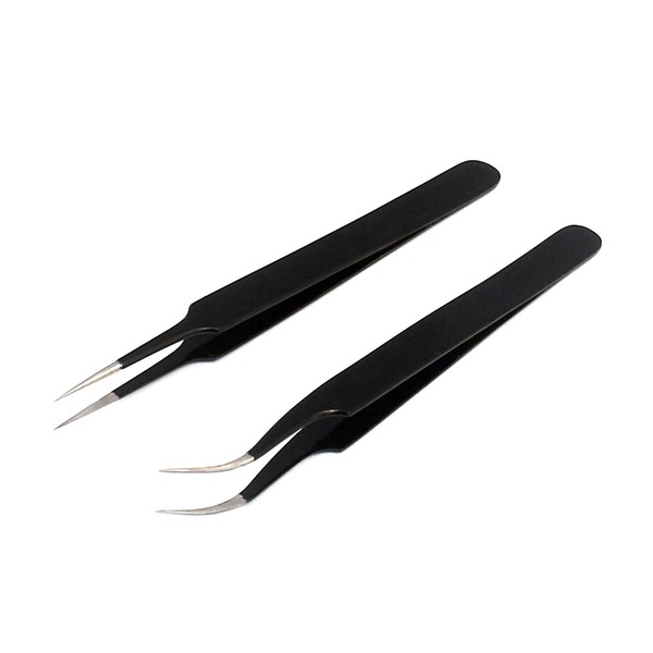 G.S Professional Set of 2 Black Anti Static Tweezers Including