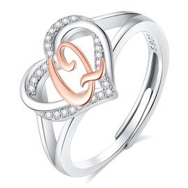 INFUSEU Q Initial Ring Heart for Women Teen Letter Jewelry 925 Sterling Silver Adjustable Cute Capital Alphabet Monogram Gifts Girlfriend Wife Mother Her Birthday