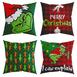 Hollyhorse Merry Christmas Pillow Covers 18x18, Christmas is Mine Set of 4 Grinchmas Cushion Case for Sofa Couch Decoration
