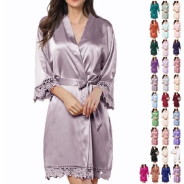 WJing Yi Jia Womens Silk Robe Satin Robe Silky Kimono Lace Bathrobe Sleepwear Wedding For Bridal Bride Bridesmaid Robes