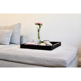 Extra Large Black Shagreen Leather Ottoman Tray with Gold Handles 20"x20" for Living Room, Modern Wooden Decorative Serving Tray for Coffee Table Dinning Table (Black-Gold, Square 20")