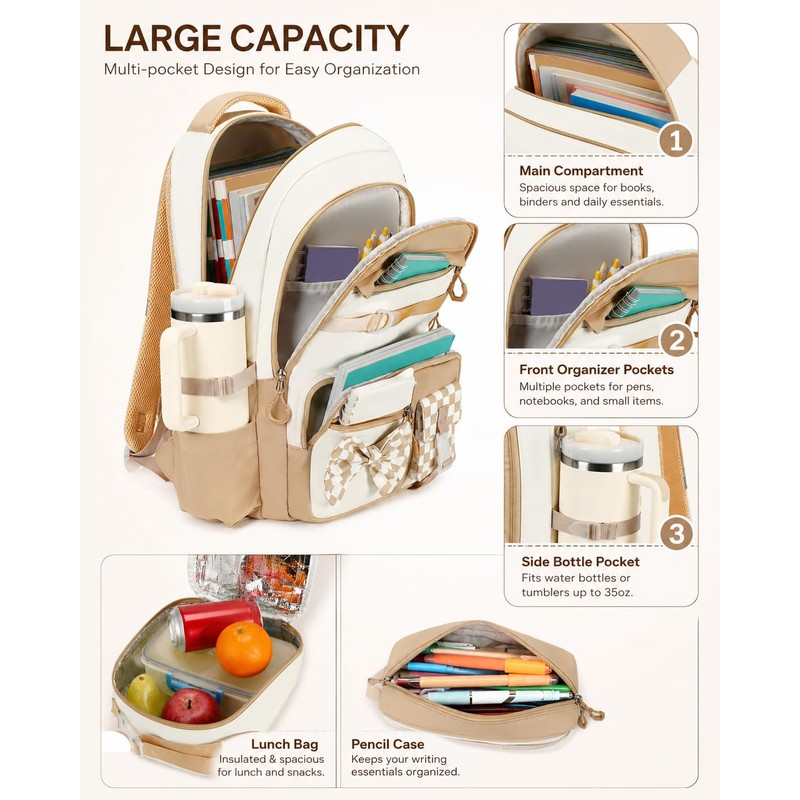 CAMTOP Girls Backpack with Lunch Box & Pencil Case Set,