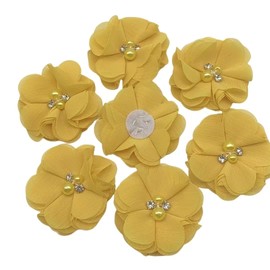 Lmlliang 10pc Chiffon Flower Yellow Rhinestone Pearl Flat-Back Chiffon Flower Sewing Fabric Appliques for DIY Handmade Making Clothing Headpiece Appliques Ornament 2.16Inch