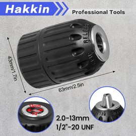 Hakkin 2-13mm Keyless Drill Chuck Adapter, 1/2-20Unf Drill Chuck with SDS-PLUS Shank Bit, 1/4" Hex Shank Lock Key, 1/2” Socket Square Female Adapter for Impact Driver, Electric Drill, Hammer Drill