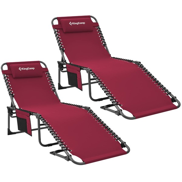 KingCamp Adjustable 5-Position Heavy Duty Folding Chaise Lounge Chair with Pillow Pocket, Portable Great for Outdoor Patio Lawn Beach Pool Sunbathing, Supports 264lbs（2 Pack）