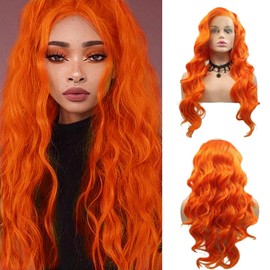 Orange Lace Front Wig Long Wavy Curly Bright Orange Lace Front Synthetic Wig Pre Plucked Natural Hairline Glueless Lace Wig Heat Resistant Fiber Hair Wigs for Women 24 Inches
