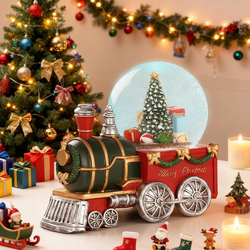 Lighted Musical Christmas Train Snow Globe Lantern with Christmas Trees,