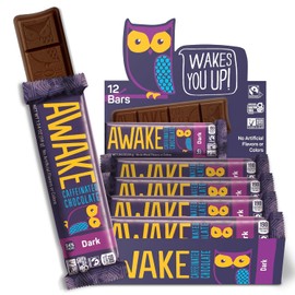 Awake Caffeinated Chocolate Bars - Dark Chocolate, 12 Bars - 100mg Caffeine - 1 Bar Equals 1 Cup of Coffee - Individually Wrapped Energy - Fairtrade, Gluten Free, Non GMO, Kosher - 1.34oz