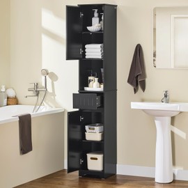 SoBuy Bathroom Tall Storage Cabinet Slim Freestanding Storing Unit with Shelves Narrow Floor Standing Cupboard, Black BZR109-SCH