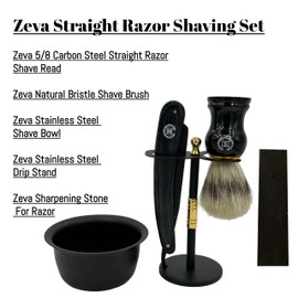 Straight Razor Shaving Kit | Vintage Wet Shave Grooming Set for Men - Includes: Straight Edge Razor with Cow leather Strop for Honning, Shaving Brush, Wet Sharpening Stone, Soap, Bowl Shave Stand