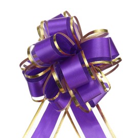 MECCANIXITY 5pcs 4 Inch Large Big Pull Bow with Gold Edge, Organza Car Gift Wrapping Bows Ribbon for Wedding Car Baskets Presents Christmas Bow, Purple
