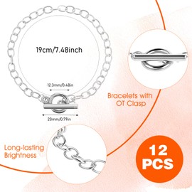 Prasacco 12 Pack Bracelet Chains for Jewelry Making, Chain Bracelet for Women Girls, Link Chain Bracelets with OT Toggle Clasp, Charm Bracelets for Jewelry Making, Silver