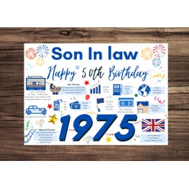 50th Birthday Card For Son In law, Birthday Card For Him, Happy 50 Greetings Card Born In 1975 Facts Milestone