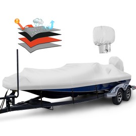 Solim Waterproof 1200D PU Boat Cover with Motor Cover, 14-16' Heavy Duty Marine Grade Trailerable Anti-UV Polyester Canvas, Fits 14-16ft Bass Boat, V-Hull, Fishing Boat, Runabout, Ski boat with Straps