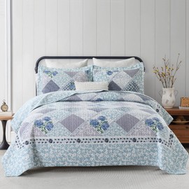 Finlonte Oversized Bedspread 120x120 Inches - 100% Cotton California King Bedspread, Extra Large Quilt, Farmhouse Patchwork Bedspread Coverlet, Lightweight Reversible Quilted Bedding Set, Blue/Purple