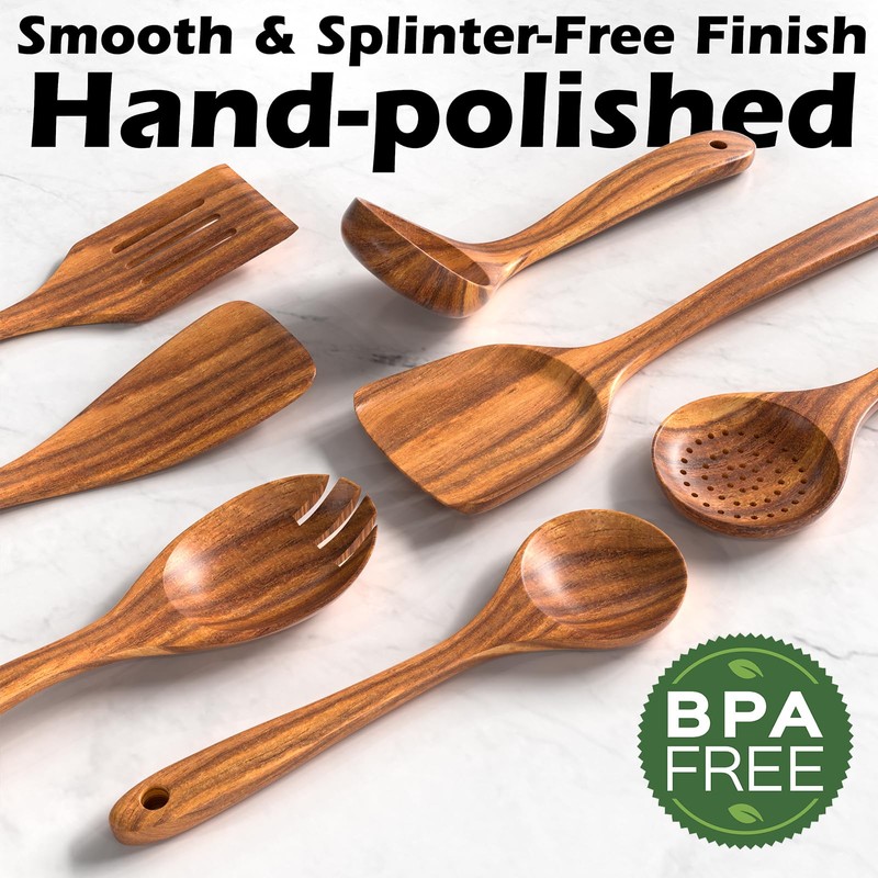 Natural Teak Kitchen Cooking Utensil Set with Holder, Wooden Spoons