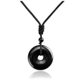 JSDDE Men Black Obsidian Crystal Donut Pendant Necklace Reiki Healing Stone Lucky Coin Necklaces Jewelry Gift