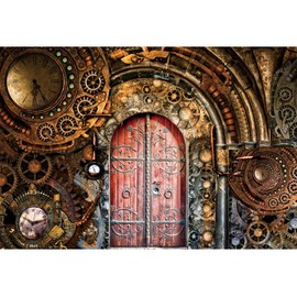 YongFoto 10x6.5ft Retro Steampunk Backdrop Vintage Metallic Mechanical Bronze Clockwork Gears Metal Door Photography Background Nostalgia Style Novelty Artistic Design Party Decor Photo Studio Props