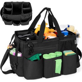 OUUTMEE Cleaning Bag 20 x 38 x 26 cm, with Removable Compartment, Tote Cleaning Bag, Portable Organiser for Cleaning Products with Adjustable Shoulder Strap, Black, Large
