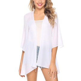 Irevial Women's Chiffon Kimono Cardigan, 3/4 Sleeve, Bikini Cover Up, Floral Print, Lightweight, Open Front Beach Vest for Summer, Plain white