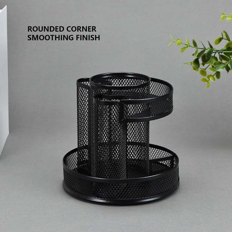 Rotating Pen Holder Black Mesh 7 Compartments Strong Metal Rotating