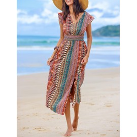 CUPSHE Women's Maxi Dress V Neck Boho Multicolor Flutter Sleeve Smocked Slit A Line Summer Formal Dress Blue/Orange, L