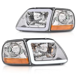 ANDPLAY LED DRL Strip Headlights & Corner Parking Lights Fit 1997-1999 F250/Compatible with Ford Expedition 1997-2002/Fit 1998-2003 Ford F150 Clear Lens Chrome Housing Amber Reflector