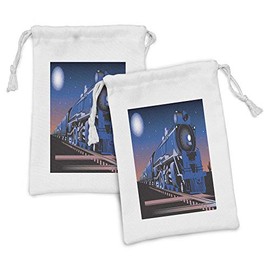 Ambesonne Train Fabric Pouch Set of 2, Old Fashion Vehicle Coming from Horizon in Twilight Full Moon and Stars Graphic, Small Drawstring Bag for Toiletries Masks and Favors, 9" x 6", Multicolor