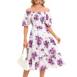 Bbonlinedress Summer White Floral Casual Dress Smocked Midi Beach Wedding Guest Boho Sun Off Shoulder Dress for Women White Purple Rose 2XL