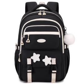 Amythe Backpack Girls School Bag for 3rd 5th Grade, Casual Large Kids Backpack with Pom Pom Pendant & Star Badge, Lightweight School Backpack Teenager with Trolley Strap, black