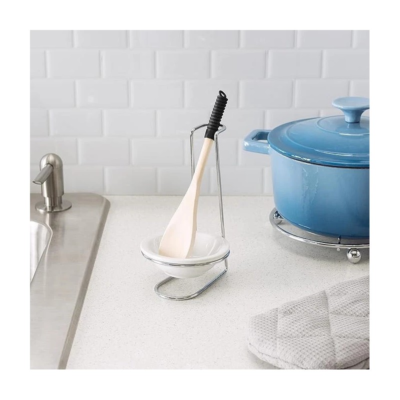 Home Basics Standing Spoon Rest with Ceramic Tray and Wooden