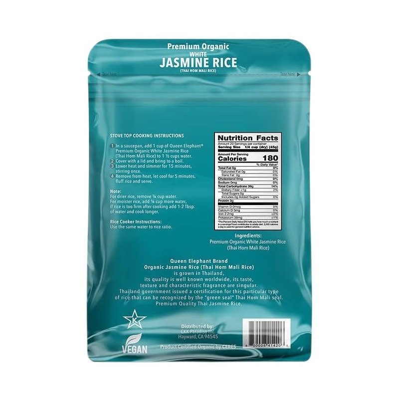 Queen Elephant Premium Organic White Jasmine Rice 2lbs Pack of