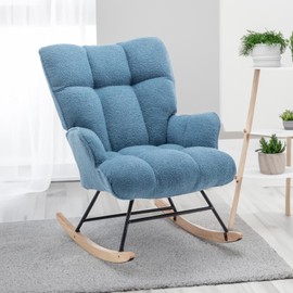 SAETSFEG Rocking Chair Nursery Teddy, Upholstered Baby Fluffy Glider Rocker for Adults Small Spaces Indoor, Comfy Sherpa Compact Nursing Chairs for Living Room, Bedroom, PaleBlue