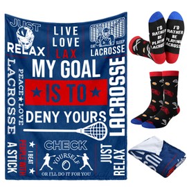 Moukeren 2 Pcs Lacrosse Gift for Teen Boys Adults Include 50" x 60" Soft Flannel Blanket Novelty Lacrosse Socks Ideal Senior Night Gifts Team Party Favors for Sport Lover Players Coaches Coaches