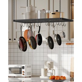 CHOEZON Hanging Pot Rack, Ceiling Mounted Pot Hanger for Kitchen, Metal Cookware Storage Organizer with 12 Hooks, for Storage of Cookware, Utensils in Kitchen, Black TPR31BB