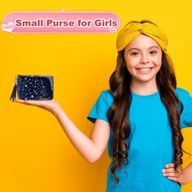 SwirlColor Children's Purse, Beautiful Slim Short Small Children's Wallet with Shiny Star Patterns, PVC Women's Purse with Tassel Zip for Teens Girls Women, black, Modern