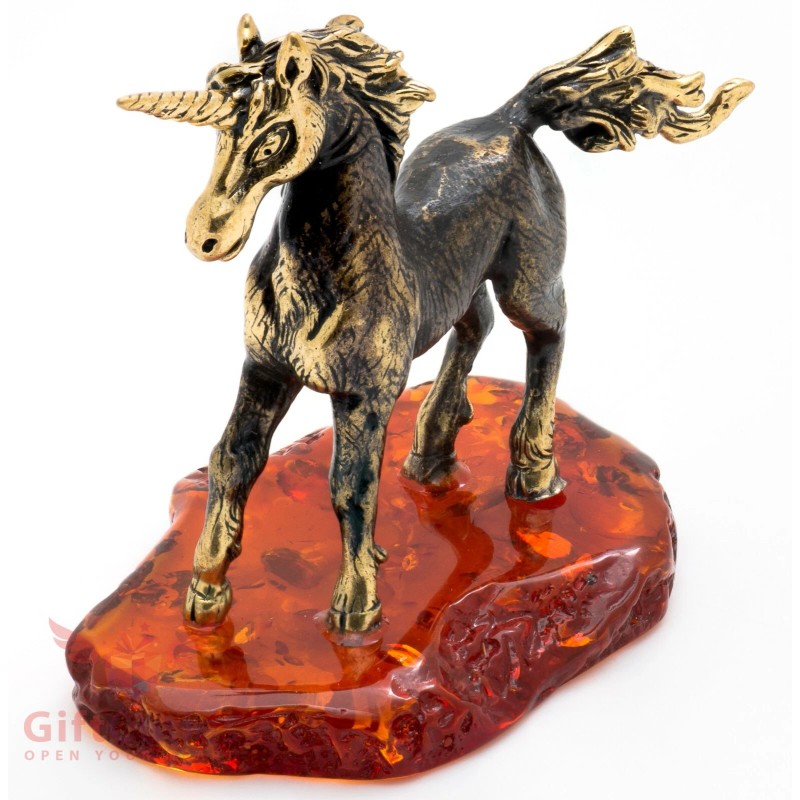 Solid Brass Amber Figurine of the Rainbow Unicorn Horse IronWork
