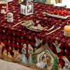 Horaldaily Christmas Tablecloth 60×60 Inch, Holy Nativity Red Buffalo Plaid