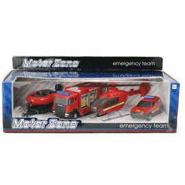 Peterkin MOTOR ZONE from Fire & Rescue Emergency Team Toy Vehicles | 4-piece free wheeling set including Fire Engine, Car, Helicopter and Rescue Boat | 1:48 Scale | Diecast Vehicles | Ages 3+