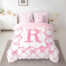 Erosebridal 7Pcs Letter R Bed in A Bag Twin Size with Bow Design Cute Preppy Bowknot Comforter Set with Sheets Pink Bow Coquette Sheets Set with Comforter