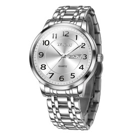 Taxau Silver Waterproof Watches for Men Stainless Steel Dress Men Watches Luxury Business Wristwatches Multifunctional Luminous with Date Gift for Men, silver band white face-g8405g