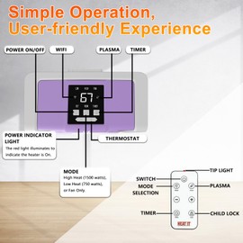 HEATIT Space Heater with Remote for Indoor, Digital Display with Thermostat，Containing Plasma & Ozone, 1-12H Timer,1500W/750W, Electric Space Heater for Office, Bedroom,Violet,10.6"Dx7.0"W x 11.8"H