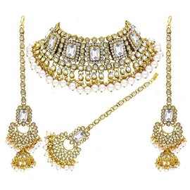 I Jewels Elegant Indian Wedding Faux Bollywood Pearl Kundan Studded Bridal Necklace Set (IJ401W)