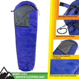 Mummy Sleeping Bag - Water-Resistant Adult Cold Weather Sleeping Bag Rated to 10°F - Drawstring Hood - Camping Equipment by Wakeman Outdoors (Blue)