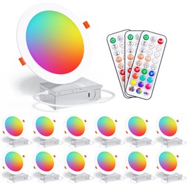 Remote Recessed Lighting 6 Inch,RGBCW Color Changing 16W LED Reccessed Downlights with Junction Box,1350 Lumen Canless Recess Light Dimmable by Remote Control,2700K-6000K,Delayed Light Off, 12Pack