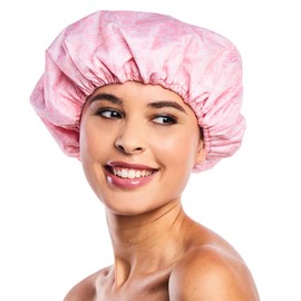 Reusable Nylon Shower & Bath Cap, Reversible Oversized Waterproof Shower Caps Large Designed for all Hair Lengths w Terry Lining & Elastic Band Stretch Hem Hair Hat - Socialite Pretty in Pink Lace