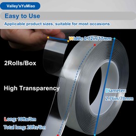 Valley'sYuMiao 2Rolls, Nano Double Sided Mountinging Tape, Adhesive-self Heavy Duty Tape, 2 Sides Sticky Tack Tape for Painted Walls AC Hanging Clear, 0.6in×10fts, 20fts Total Long