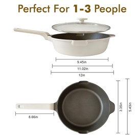 HOLIBAN Nonstick Titanium Ceramic Frying Pan 12 Inch Deep Frying Skillets Set with Lids Free of PFAS/PTFE Non-toxic Chef's Pan with Soup Ladle Spatula Compatible with All Stovetops (White, 12-Inch)