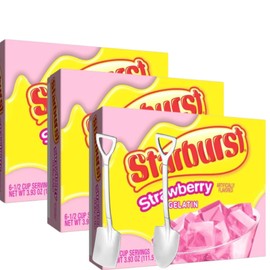 Starburst Gelatin Mix, 3.93 oz Box (Pack of 3) – Makes 6 Servings Each – Includes Candy Freezer Mini Metal Shovel Spoons (Strawberry) - Metal Spoons