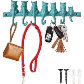 Comfify 7 Cats Cast Iron Wall Hanger - Decorative Cast Iron Wall Hook Rack - Vintage Design Hanger with 7 Hooks - Wall Mounted | 12.4 x 3.9” - with Screws and Anchors - Blue